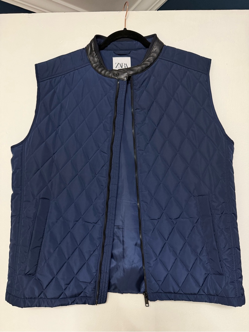 Zara Navy Quilted Vest with Black Faux-Leather Collar